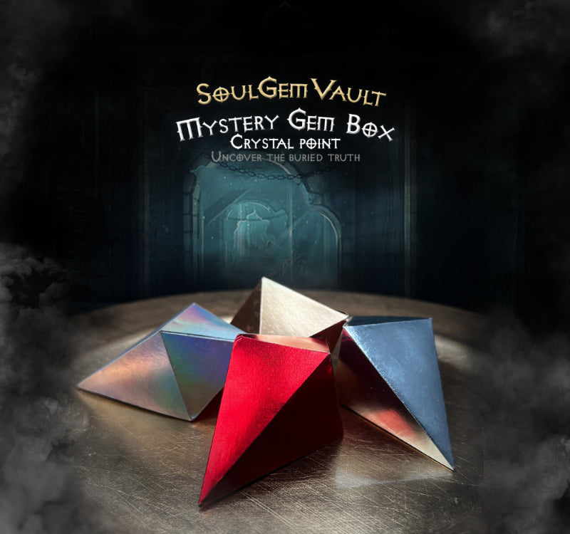 Colorful geometric gemstones with 'SoulGem Vault' text and dark background