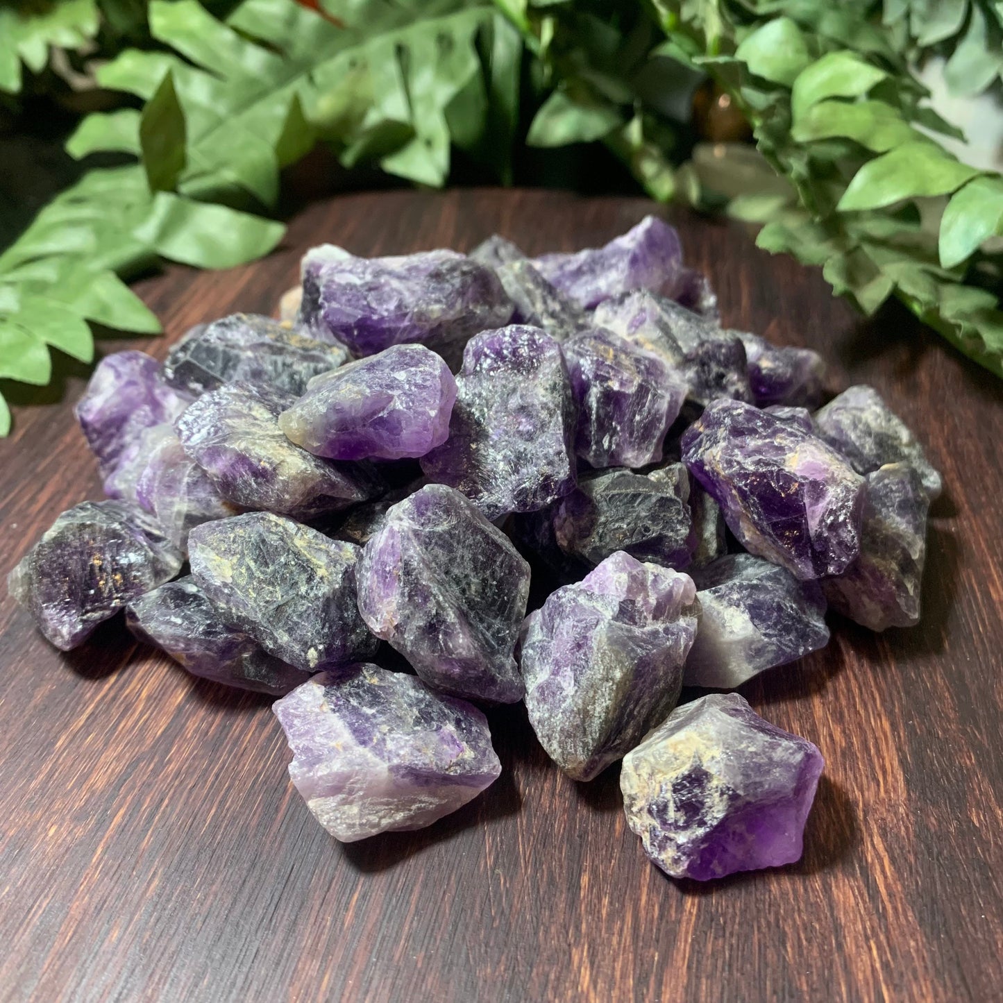 Raw Amethyst crystal display