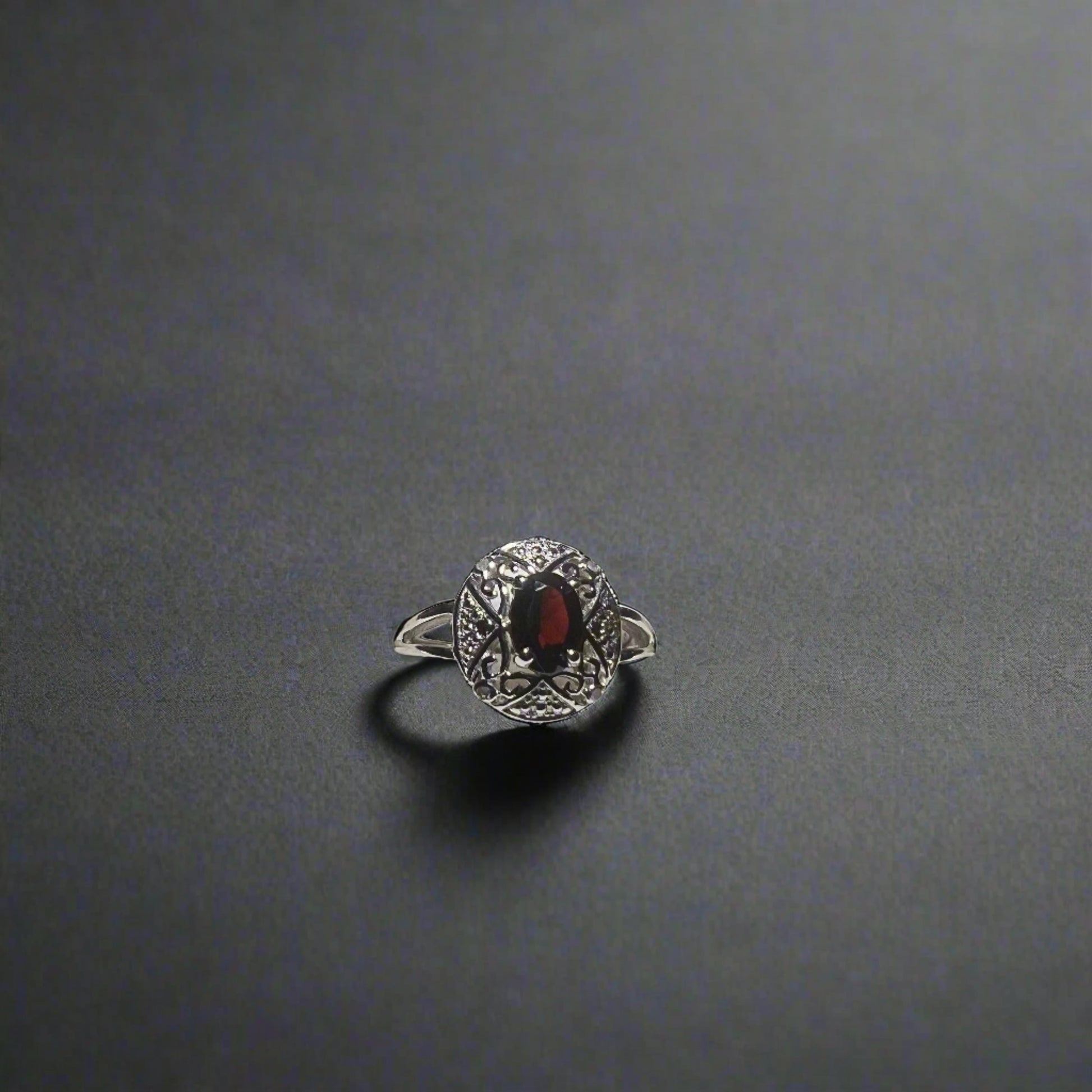 14K White Gold Over Solid Sterling Silver Diamonds and Garnet -Size 7 on table