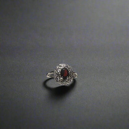 14K White Gold Over Solid Sterling Silver Diamonds and Garnet -Size 7 on table